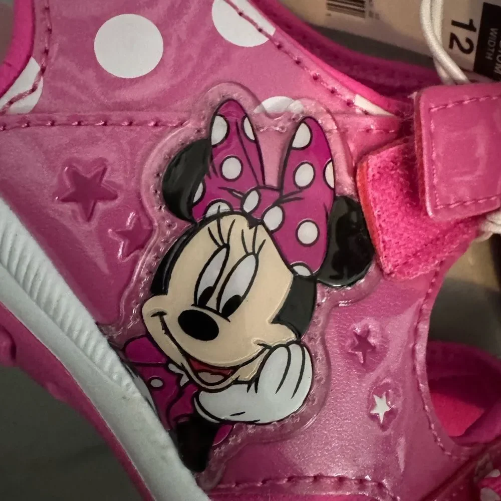 NWT New DISNEY Minnie Mouse Logo Pink White Bow Velcro Sandals Girls 12